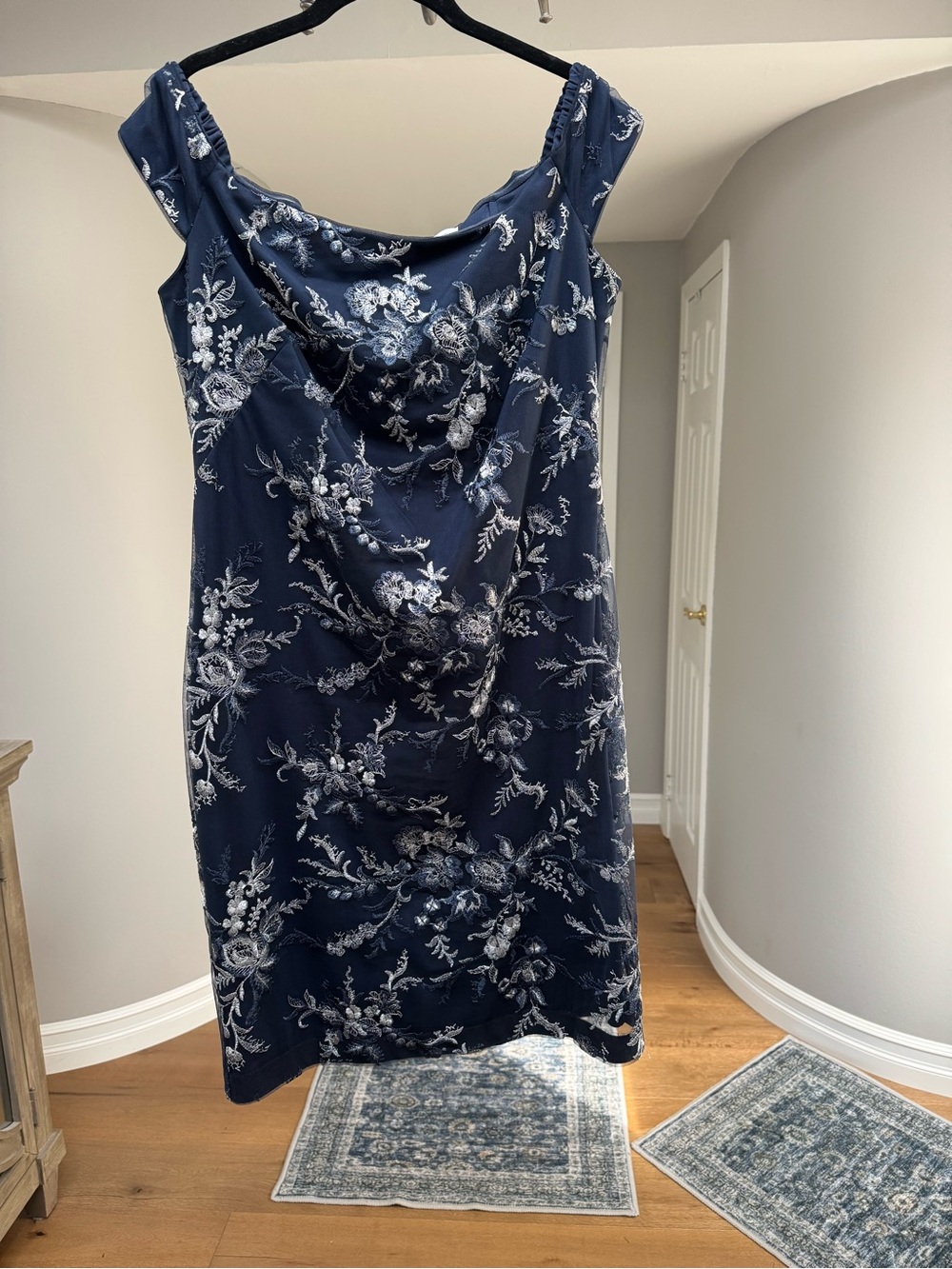 Calvin Klien Off-the-Shoulder Navy Floral Dress
